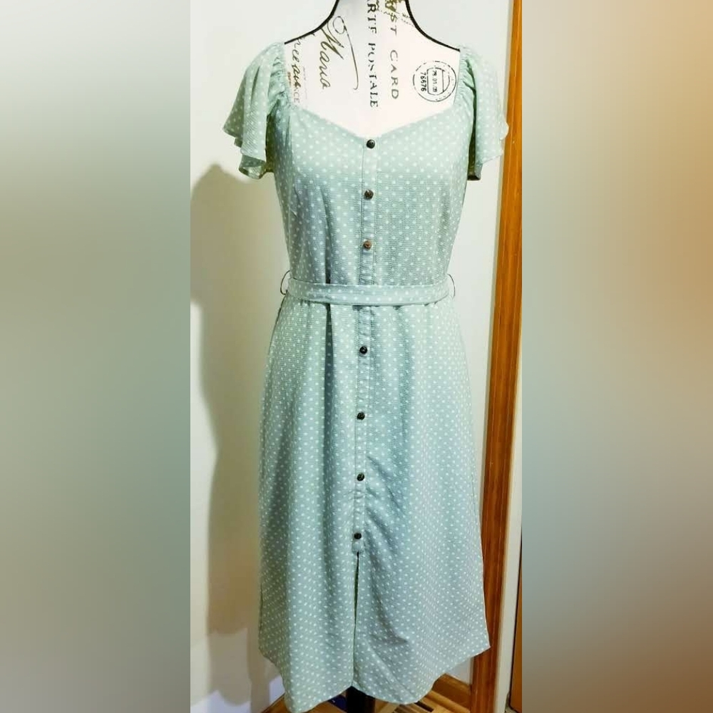 Monteau Sage Green White Polka Dot Midi Dress Button Front L Cottage Garden